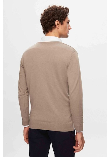 D's Damat Ds Damat Regular Fit Bej Düz V Yaka Triko Kazak 5HF06ORT12003 Bej