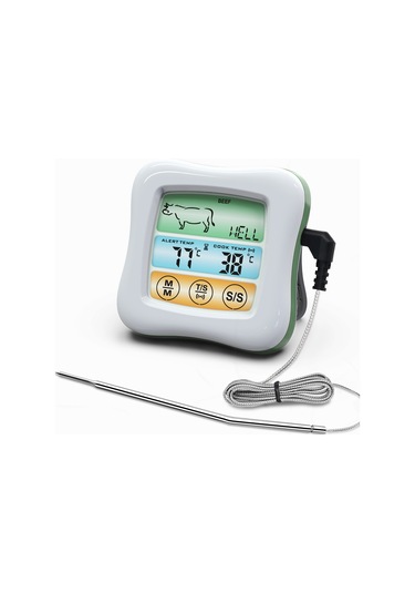 Lemestar Isı Ölçer, 2.6" Renkli Dokunmatik Ekran, Zamanlayıcı, Su Geçirmez Prob, Fırın Ve Mutfak Gıda Sıcaklığı Ölçümü, Beyaz-yeşil Çok Renkli