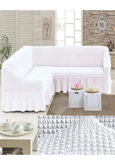 StarMall Bürümcük Köşe Koltuk Örtüsü, Kanepe, Koltuk Kılıfı, Eteli Beyaz