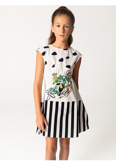 Sheshe Papağan Desenli Pamuklu Kız Çocuk Elbise Renkli