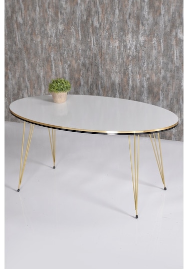 Zigon Sehpa Ve Orta Sehpa Elips Set Çift Gold Beyaz Tel Ayak