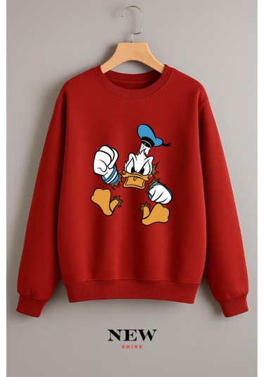 Ördek Baskılı Bisiklet Yaka Sweatshirt Kırmızı