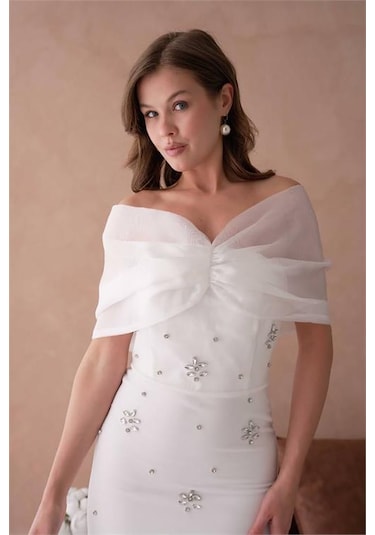 Dip Moda Dipmoda Kadın Beyaz Tül Ve Taş Detaylı Abiye Elbise Dpnbs9372 Beyaz