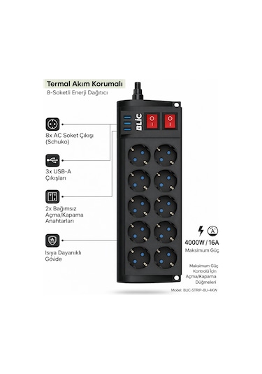 Blic Ftr-08 8 Li Akım Korumalı Priz Ve 3 Usb Girişli Çoklu Priz 2m Kablo 0.2 M