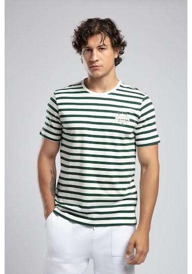 Lee Cooper Eddy Erkek %100 Pamuk O Yaka T-shirt Ekru-zümrüt Çizgili-21600 Ekru