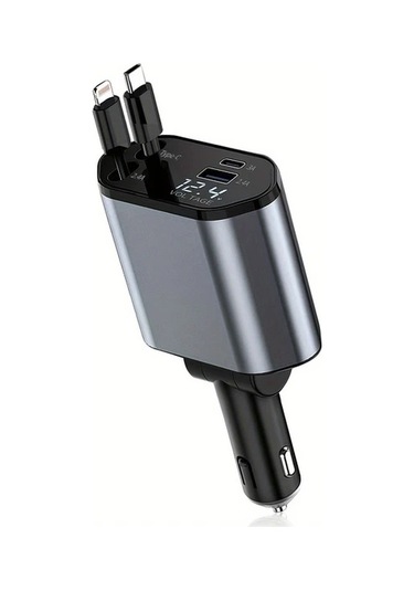 Oldfriend Gri 4'ü 1 Arada Araç Şarj Cihazı 80cm Usb Type-c Hızlı Şarj 180 Dönebilir
