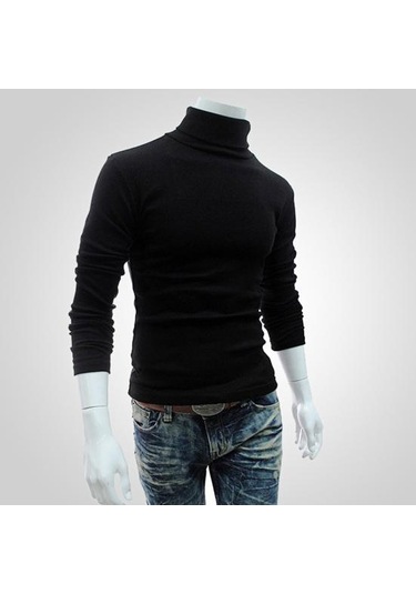 Siyah Sıcak Örme Gömlek Şık Üst Balıkçı Yaka Düz Renk Esnek Örme Gömlek Siyah