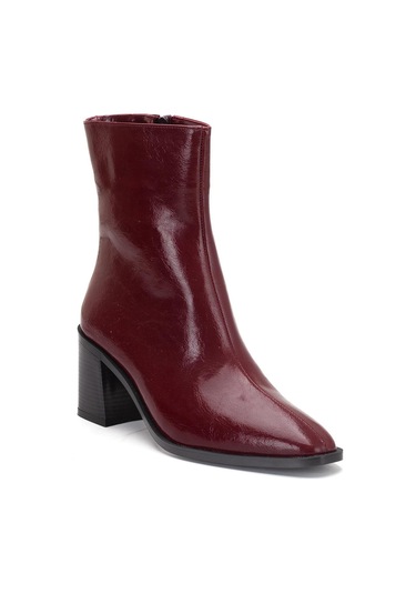 Bordo Kadın Kalın Topuklu Bot Rugan Küt Burun Yüzüdüz-4255 Bordo