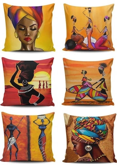 Kırlent Dünyası Afrikalı Kızlar Temalı 6 Lü Kombin Kırlent Kılıfı