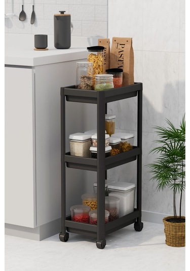 3 Katlı Tekerlekli Mutfak Rafı, Terek, Banyo Rafı, Siyah Siyah