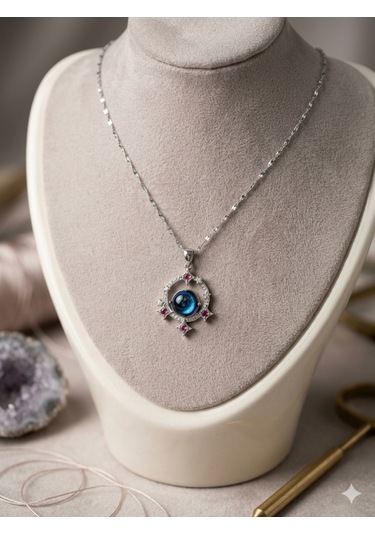Galaksi Temalı Mavi Kristal Zirkon Kolye - Gümüş Kaplama Kadın Kolye