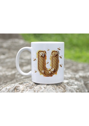 U Harfi Bal Arısı Tasarım Kupa Bardak - Bal Ve Petek Desenli Kişiye Özel Kahve Kupası - Hediyelik Beyaz