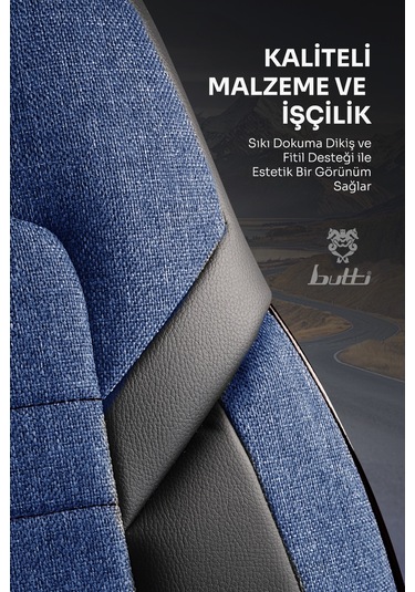 Mavi - Siyah Butti Lino Serisi Keten Kumaş Premium Oto Koltuk Kılıfı Ortopedik Destekli, Ön Arka Tam Set
