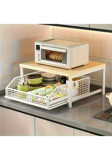 Honeybeeshop Siyah Metal Çerçeveli Ahşap Mikrodalga Rafı 37x26 Cm Çekmeceli Tezgah Düzenleyici