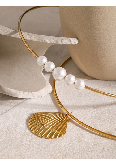 18 Ayar Altın Paslanmaz Çelik Okyanus Kabuğu Kolye Ucu Fransız Zarif Retro Şık Yüksek Kaliteli İnci Titanyum Çelik Kolye Diğer