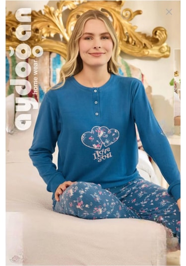 Aydoğan Kadın Düğme Yaka Termal Pijama Takımı 240674m- 1 Adet Mavi