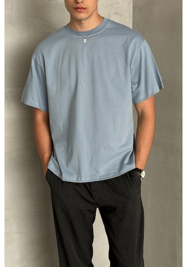 Hyman Erkek %100 Pamuk Oversize Basic T-shirt Açık Mavi