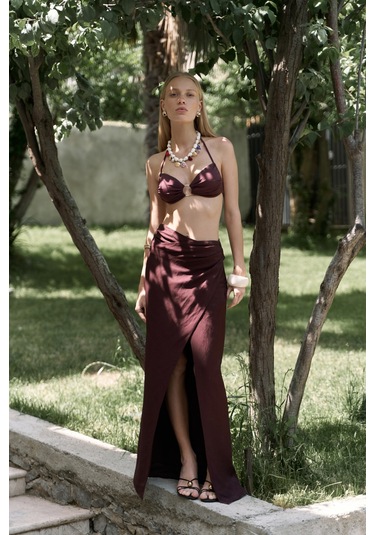 Fabriyonto Asimetrik Bordo Uzun Etek Bordo