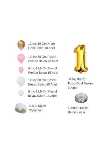1 Yaş Krom Gold Pastel Pembe Ve Beyaz Balon Seti Gold Rakamlı Doğum Günü Balonu Şık Parti Süsleme Çok Renkli