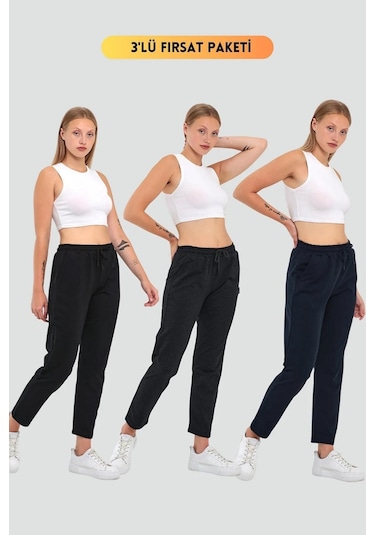 Kadın Siyah-lacivert-antrasit Regular Fit Düz Paça Beli Lastikli Bağcıklı 3'lü Eşofman Altı 001 Kadın Siyah-lacivert-antrasit Regular Fit Düz Paça Beli Lastikli Bağcıklı 3'lü Eşofman Altı 001