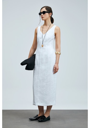Lufian Honey Kadın Kolsuz Keten Elbise Beyaz Beyaz 121290016100500 Beyaz