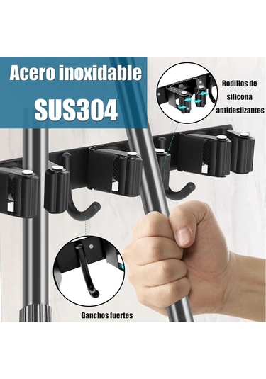 Skycity 5 Yuvalı Ve 4 Paslanmaz Çelik Kancalı Kendinden Yapışkanlı Süpürge Ve Paspas Askısı, Mutfak Ve Garaj İçin Duvar Tipi