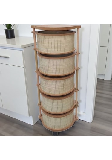 5 Katlı Ahşap Sebzelik Tekerlekli Naturel Gıdaya Uygun Kaliteli Mdf Modern Açık Kahverengi