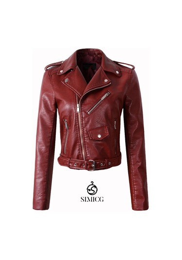 Kadınlar İçin Eğik Fermuarlı Günlük Kısa Deri Ceket Kırmızı