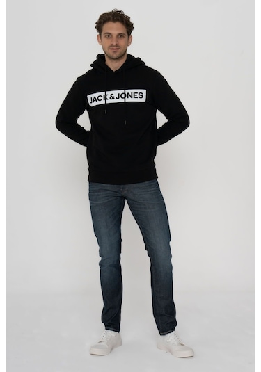 Jack & Jones Erkek Logo Baskili Kapüsonlu Sweatshirt - Minder 12214643 Black Koyu Yeşil
