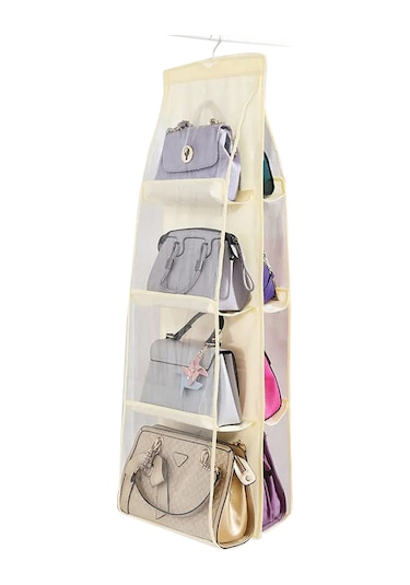 Hfambition Bej 4 Katlı 8 Cepli Çanta Düzenleyici, Duvar Takılı Gardırop Organizasyonu, Transparent Pencereli, Dayanıklı Non-woven Malzeme İle Çanta Saklama Çantası Bej