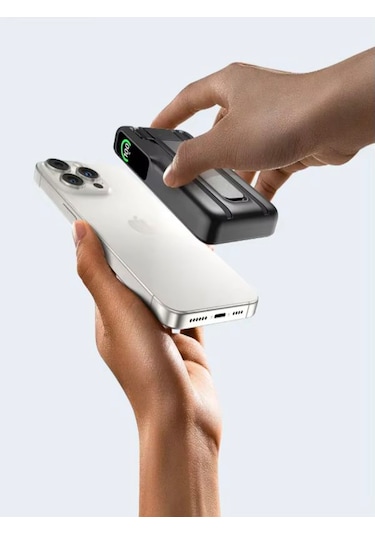 10000mah 22.5w Type-c Lightning Kablolu/kablosuz Standlı Telefon/saat Şarj Lcd Magsafe Powerbank Black
