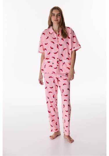 Penti Pamuklu Pembe Just Chill Gömlek Pantolon Pijama Takımı