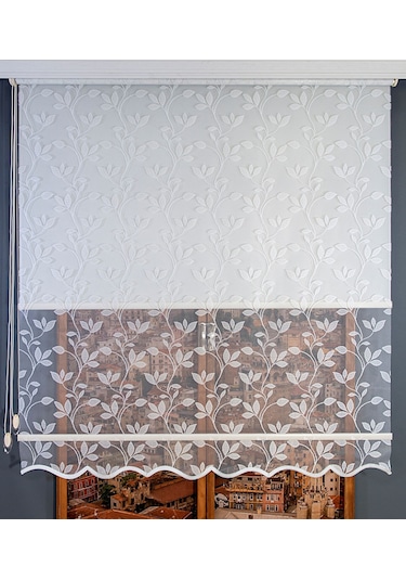 Çift Mekanizmalı Yaprak Desenli Tül Stor Perde Beyaz