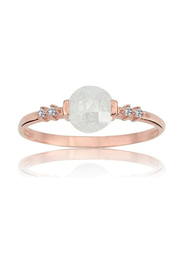 Altın Yüzük - 14 Ayar Altın Yuvarlak Beyaz Kristal Minimal Kadın Yüzük - Doğum Günü Hediyesi Yüzük Pembe Altın