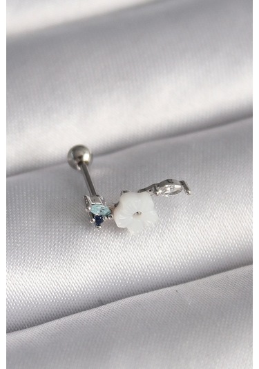 Bfs 316l Çelik Gümüş Renk Zirkon Taş Detay Beyaz Çiçek Model Tragus Piercing Çok Renkli