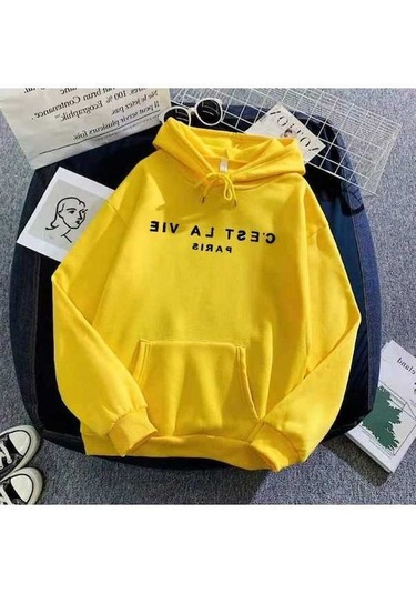 Novahub Yeni Kapşonlu Kazak Kadın Bahar Uzun Kollu Sarı Gevşek Üst Mektup Baskı Sarı