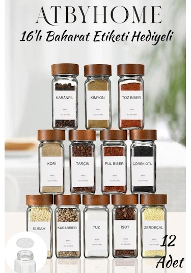 Akasya Kapaklı 12 Adet Cam Baharatlık Seti 120 Ml Ahşap