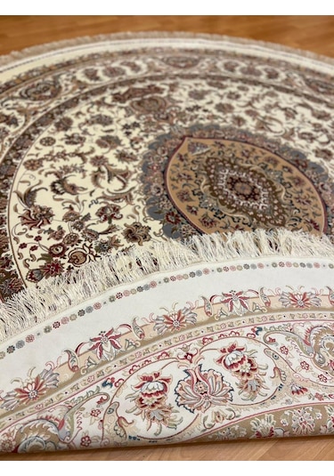 Çiçek Motifli 250 X 250 Yuvarlak İpek Halı Bej