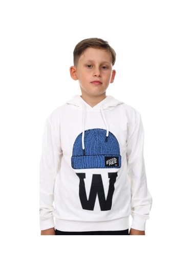 Çocuk Bere Baskılı Ve İşlemeli Kapüşonlu Sweatshirt-13410-beyaz Beyaz
