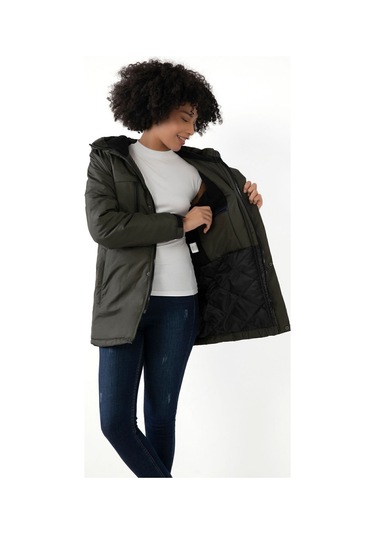 Kadın Haki Içi Polarlı Su Ve Rüzgar Geçirmez Kapüşonlu Kışlık Mont Kaban Parka Haki