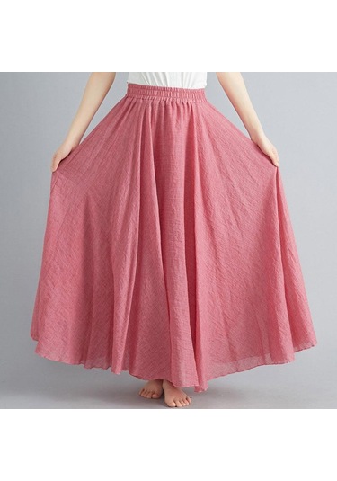 Yaz Sonbahar Kadın Etek Edebi Büyük Boy Pamuk Keten Yarım Etek Elastik Bel Keten A-line Etek Uzun Bölüm Saf Renk Rüzgar Salıncak Etek Kırmızı