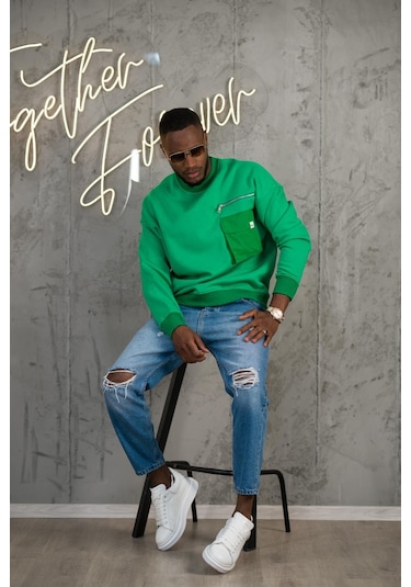 Oversize 3 İplik Bisiklet Yaka Torba Cepli İçi Polarlı Basic Sweatshirt 001