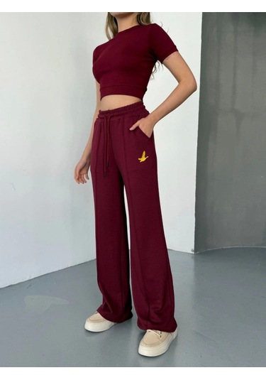 Reka Moda Osy Modal Yumuşak Dokulu Kumaş Nakış Işlemeli Rahat Bol Paça Eşofman Pantalon - Bordo Bordo