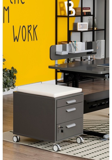 Creo Mobili Çekmeceli Kilitli Tekerlekli Vega Keson, Oturulabilir Ofis Ve Ev Komodini Antrasit/beyaz