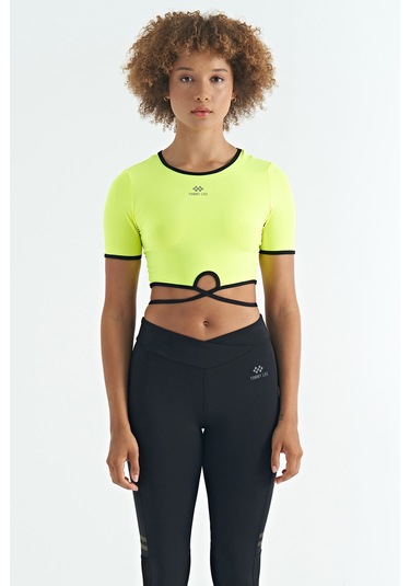 Tommy Life Neon Sarı Bel Bağlama Detaylı O Yaka Standart Kalıp Dalgıç Kumaş Kadın Crop T-shirt - 97266 Neon Sarı