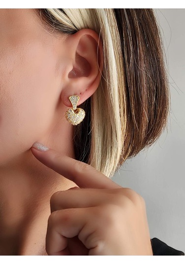 Bombeli Kalp Model Zirkon Taşlı Altın Kaplama Gold Küpe Gold