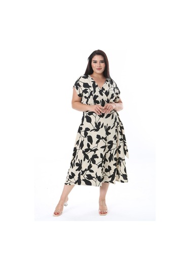 Kadın Büyük Beden Siyah Bürümcük Kumaş Beli Tokalı Anvelop Elbise 65n38317-siyah Siyah