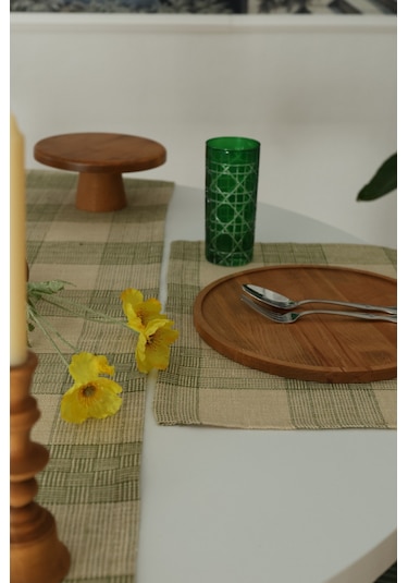 Yakacihome Juta Yeşil 5 Parça 4 Parça Amerikan Servis & 1 Parça Püsküllü Runner Jüt Kumaş Sofra Seti Yeşil