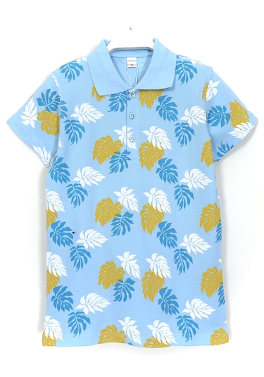 Yaprak Desenli Polo Yaka Erkek Çocuk Tişört Mavi 2025 Çok Renkli