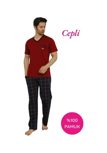 Erkek V Yaka Ekose Desen %100 Pamuk Kısa Kol Cepli Pijama Takımı Bordo